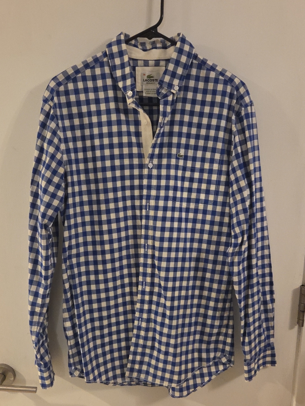 Lacoste Blue and White Gingham Long-Sleeve Button-Down Shirt